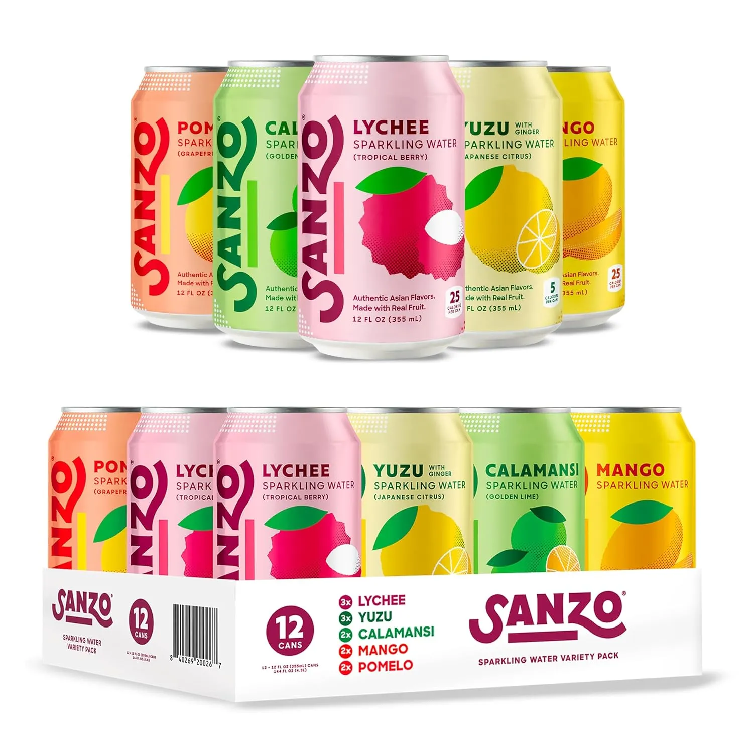 Sanzo Flavored Sparkling Water Variety Pack - Yuzu Lemon Soda, Calamansi Lime Seltzer Water, Pomelo Grapefruit Soda, Mango Sparkling Drink, Lychee Carbonated Drinks - Vegan Low Sugar - 12oz, 12 Pack