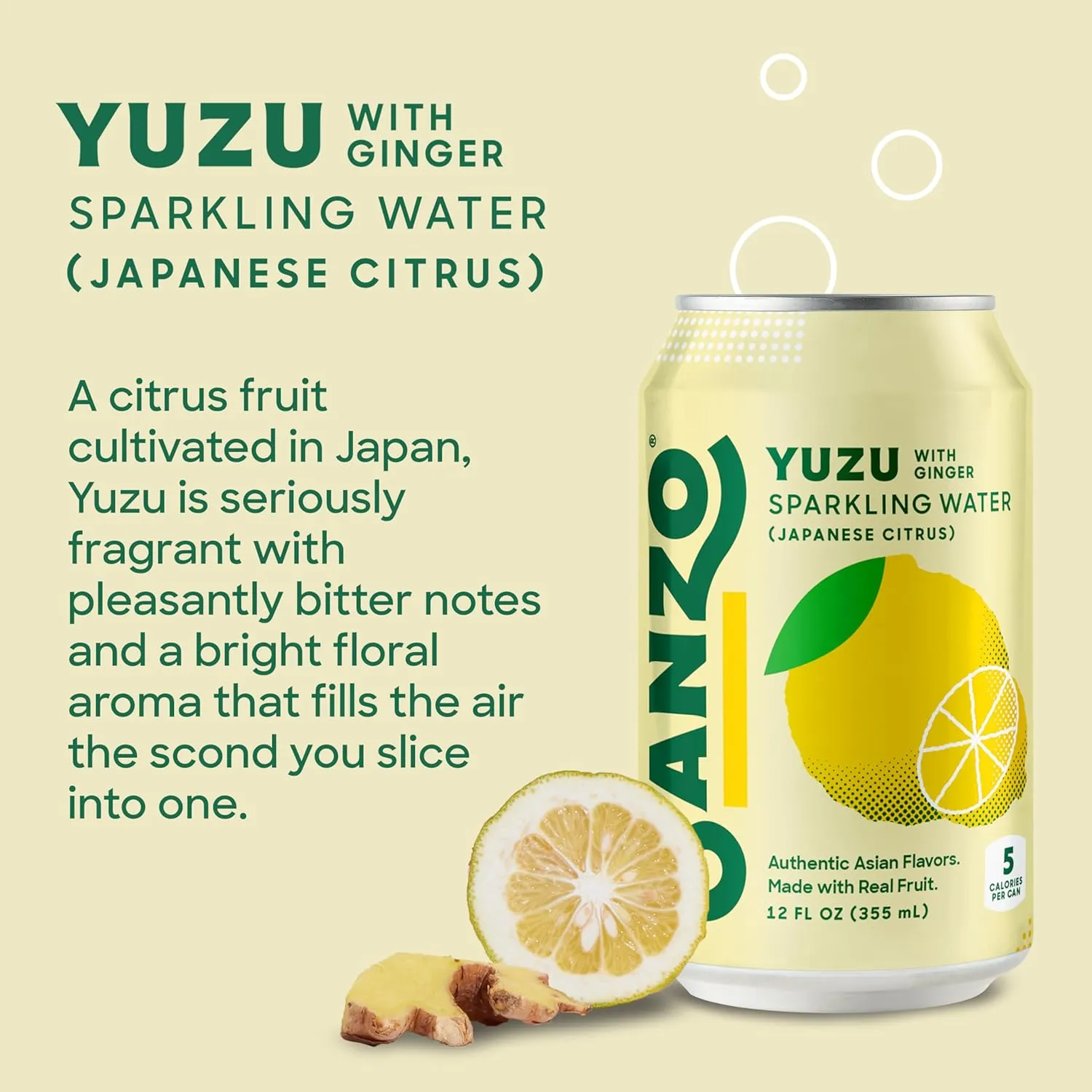 Sanzo Flavored Sparkling Water - Yuzu Lemon Soda Ginger Seltzer - Low Calorie Low Sugar Soda - Craft Asian Drinks - Vegan Gluten Free Carbonated Flavored Water - Fizzy Healthy Drinks - 12oz, 12 Pack