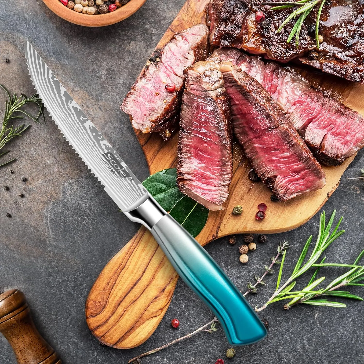 SCOLE® Steak Knives, 4.5 inches Steak Knife Set of 6, German Stainless Steel Serrated Steak Knives Dinner Knives with Gift Box, Blue