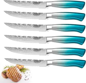 SCOLE® Steak Knives, 4.5 inches Steak Knife Set of 6, German Stainless Steel Serrated Steak Knives Dinner Knives with Gift Box, Blue