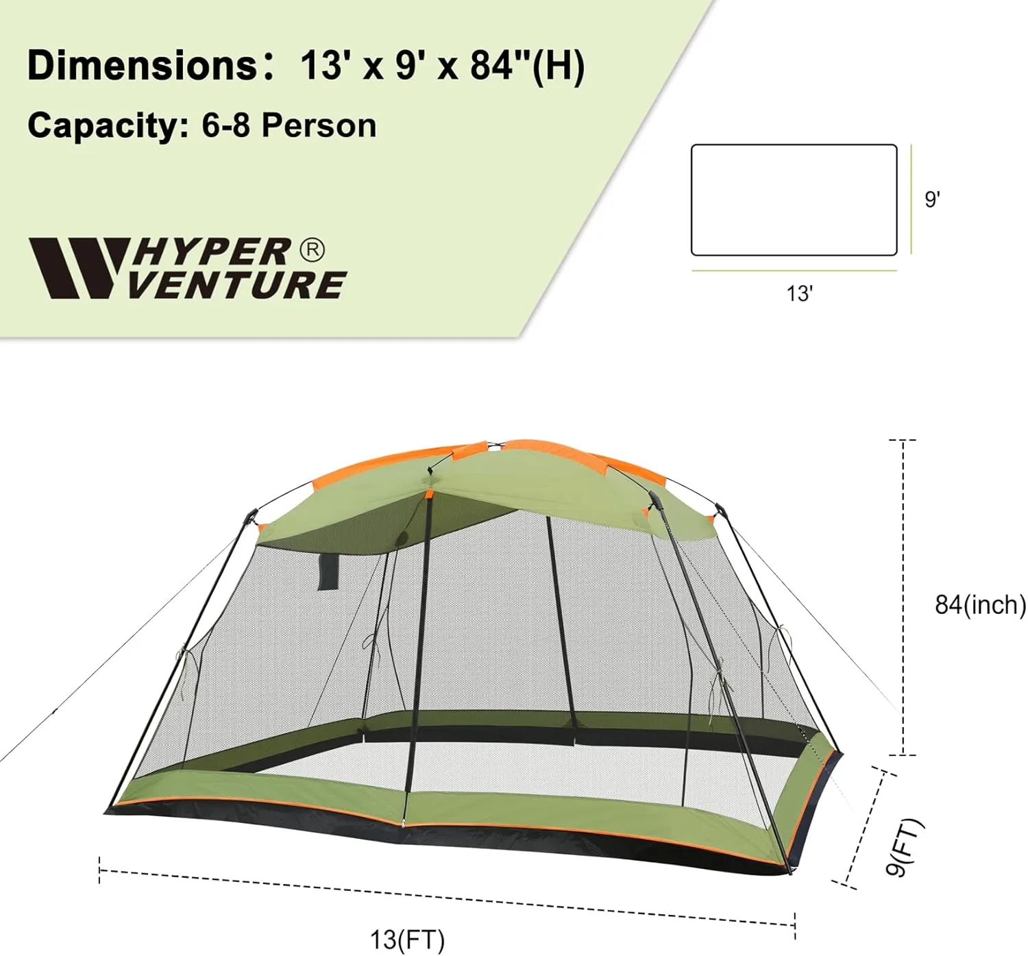 Screen House 13x9 FT 4 Mesh Walls Canopy Tent Camping Gazebo Shelter for 6-8 People Outdoor Party Activities, Green