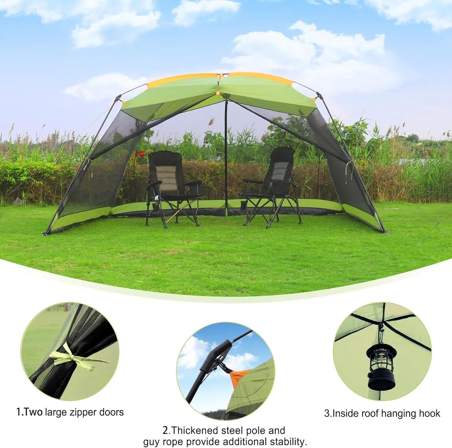 Screen House 13x9 FT 4 Mesh Walls Canopy Tent Camping Gazebo Shelter for 6-8 People Outdoor Party Activities, Green