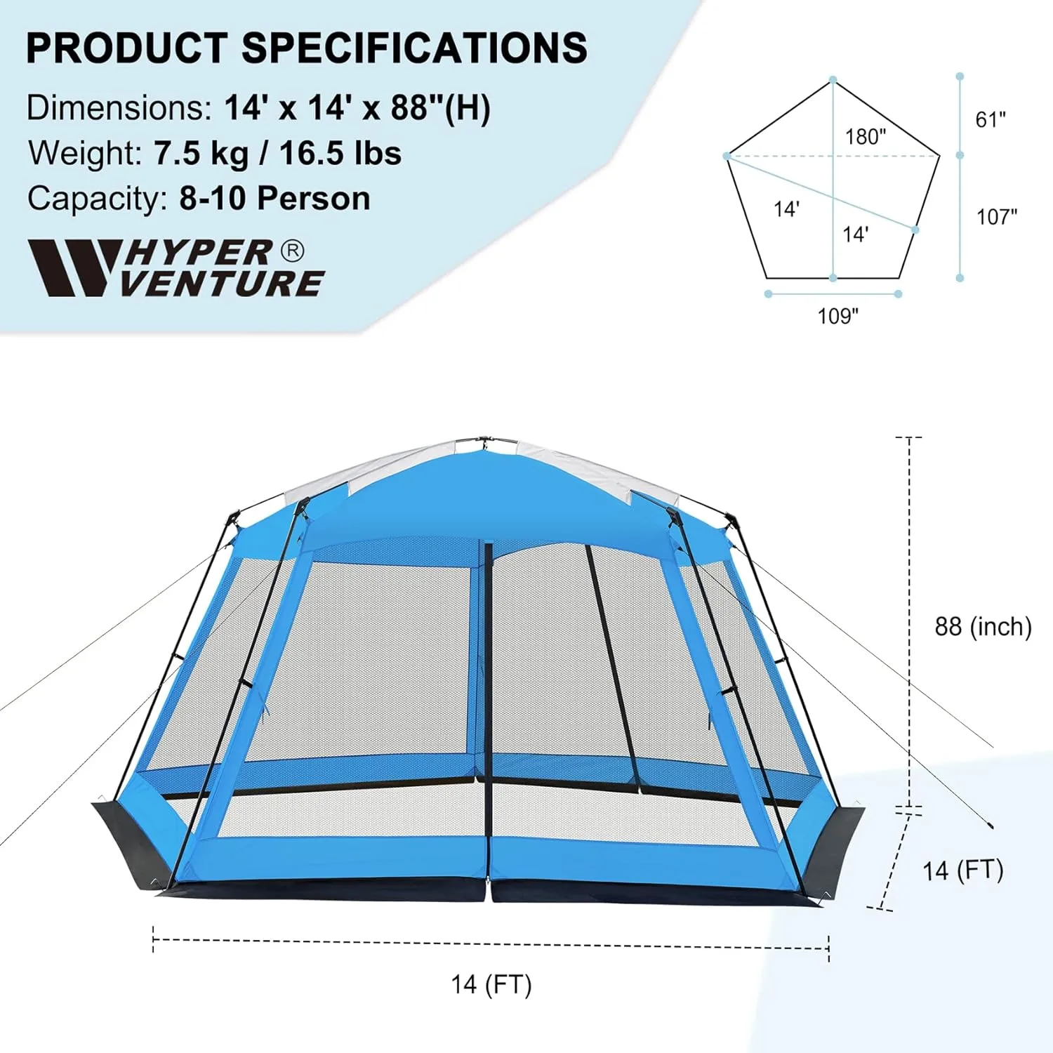 Screen House 14x14ft Canopy Tent with 5-Sided Netting, Easy Setup, Portable Gazebo Shelter for Outdoor Camping, Gathering, Party, Picnic, Blue