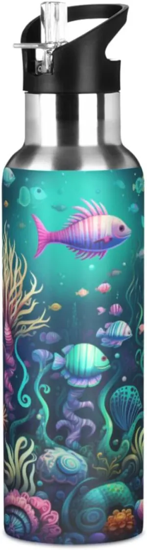 Sea Animals Starfish Art Fish Sport Water Bottle Insulated Stainless Steel Large Vacuum Flask Leak Proof Thermos with Straw for Travel(600ml/1000ml)