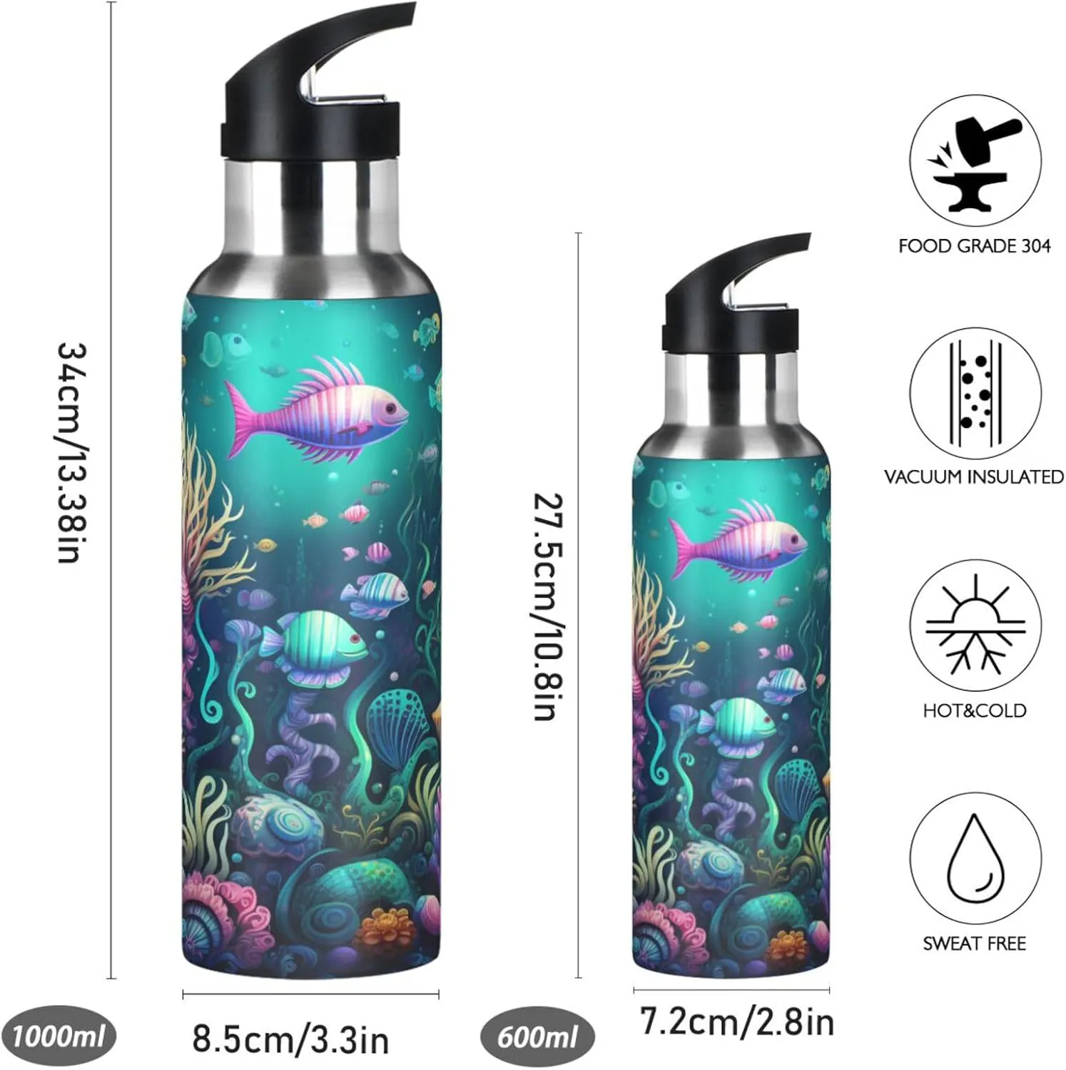 Sea Animals Starfish Art Fish Sport Water Bottle Insulated Stainless Steel Large Vacuum Flask Leak Proof Thermos with Straw for Travel(600ml/1000ml)