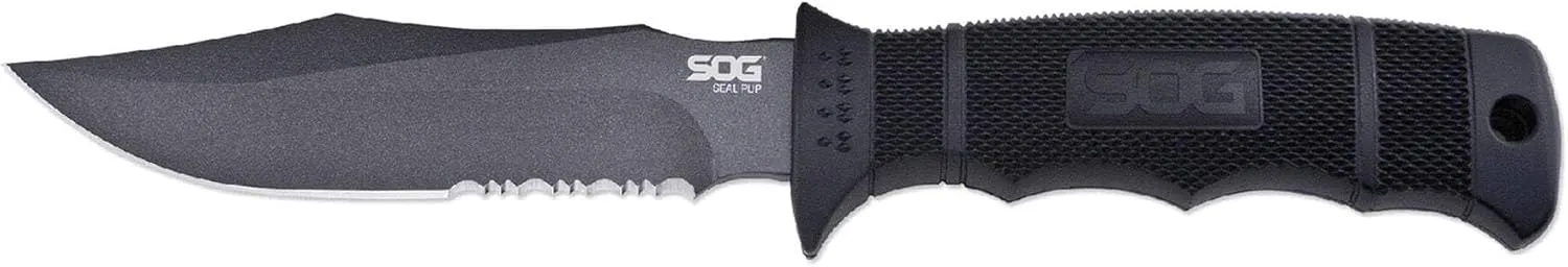 Seal Pup Fixed Blade Knife, 4.75" Partially Serrated Black Powdercoat Blade, Nylon Sheath,Clam, Clam