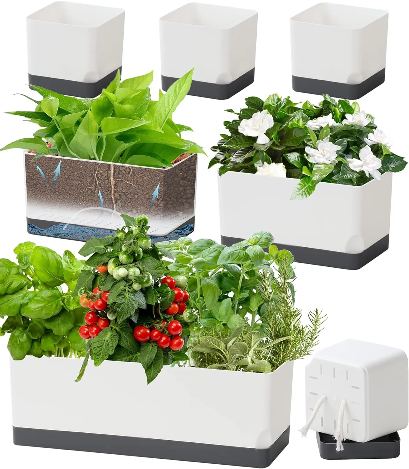 Self Watering Planters Pots for Indoor Plants, 7 Pack 4 8 17 Inch Plastic Window Boxes Planters Herb Planter, Rectangle Rectangular Planter Windowsill Planters with Drainage and Saucer