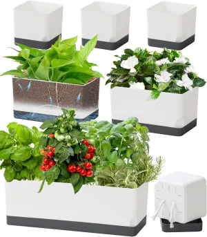 Self Watering Planters Pots for Indoor Plants, 7 Pack 4 8 17 Inch Plastic Window Boxes Planters Herb Planter, Rectangle Rectangular Planter Windowsill Planters with Drainage and Saucer