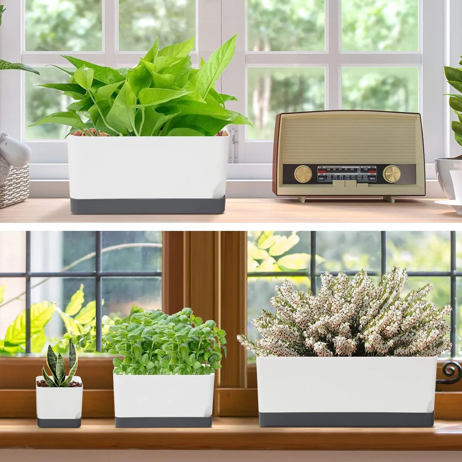 Self Watering Planters Pots for Indoor Plants, 7 Pack 4 8 17 Inch Plastic Window Boxes Planters Herb Planter, Rectangle Rectangular Planter Windowsill Planters with Drainage and Saucer
