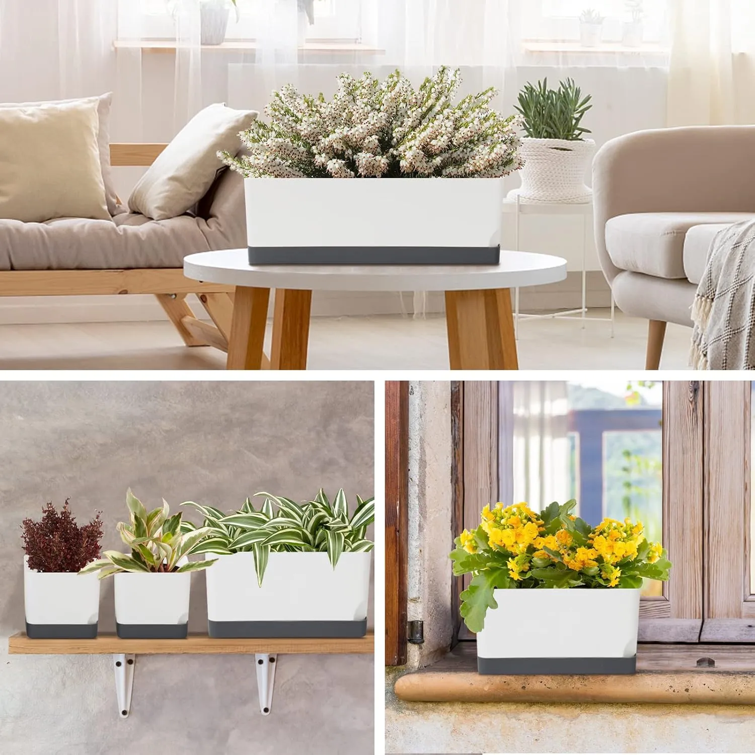 Self Watering Planters Pots for Indoor Plants, 7 Pack 4 8 17 Inch Plastic Window Boxes Planters Herb Planter, Rectangle Rectangular Planter Windowsill Planters with Drainage and Saucer
