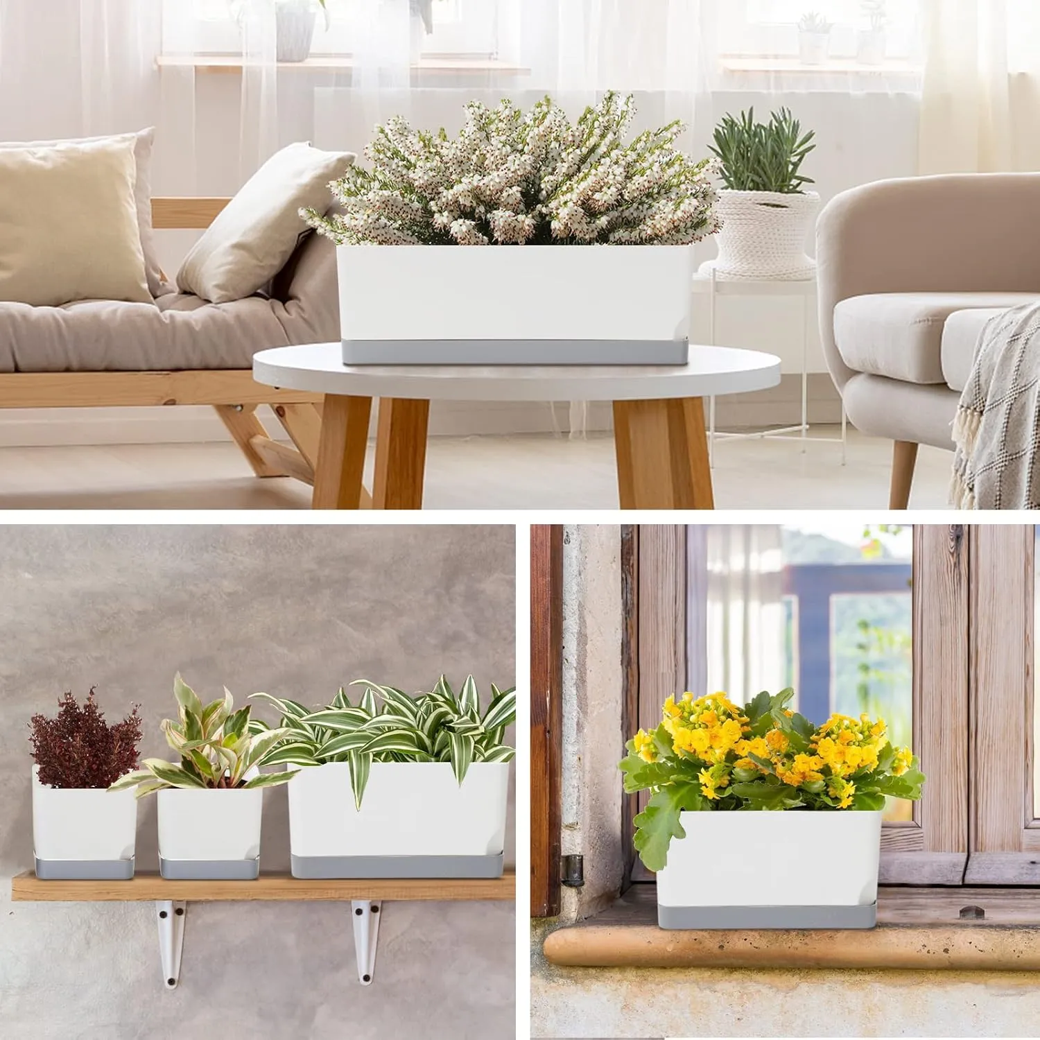 Self Watering Planters Pots for Indoor Plants, 7 Pack Plastic Planter Box Flower Pots for Indoor Outdoor Plants, Rectangle Herb Planter Window Boxes Planterswith Drainage, Light Gray Tray
