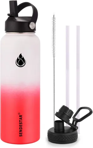SENDESTAR Water Bottle 32oz Double Wall Vacuum Insulated Leak Proof Stainless Steel Sports Water Bottle—Wide Mouth with New Flex Straw Lid & Spout Lid (White&Red)