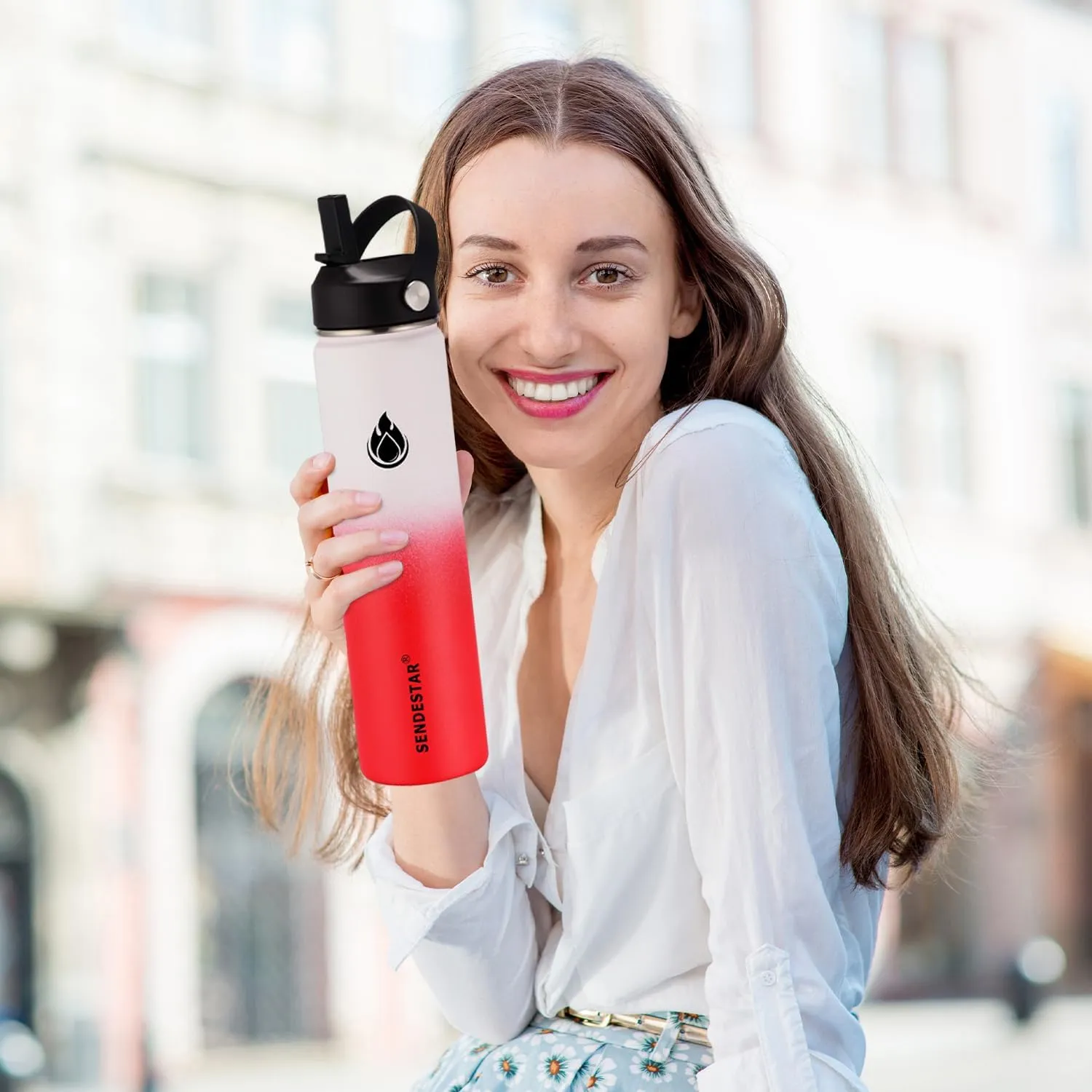 SENDESTAR Water Bottle 32oz Double Wall Vacuum Insulated Leak Proof Stainless Steel Sports Water Bottle—Wide Mouth with New Flex Straw Lid & Spout Lid (White&Red)