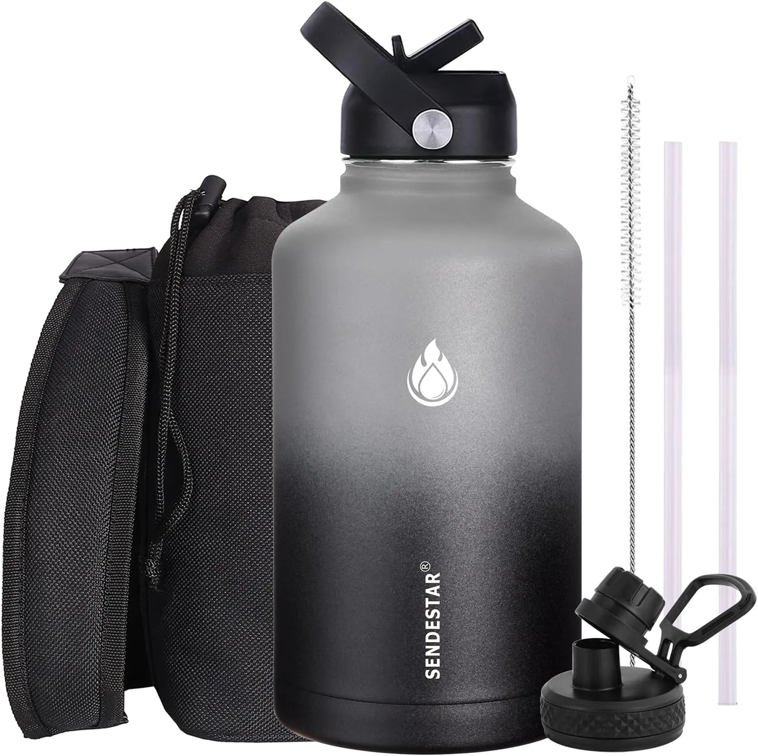 SENDESTAR Water Bottle 64oz Double Wall Vacuum Insulated Leak Proof Stainless Steel Sports Water Bottle—Wide Mouth with New Flex Straw Lid & Spout Lid (Gray&Black)