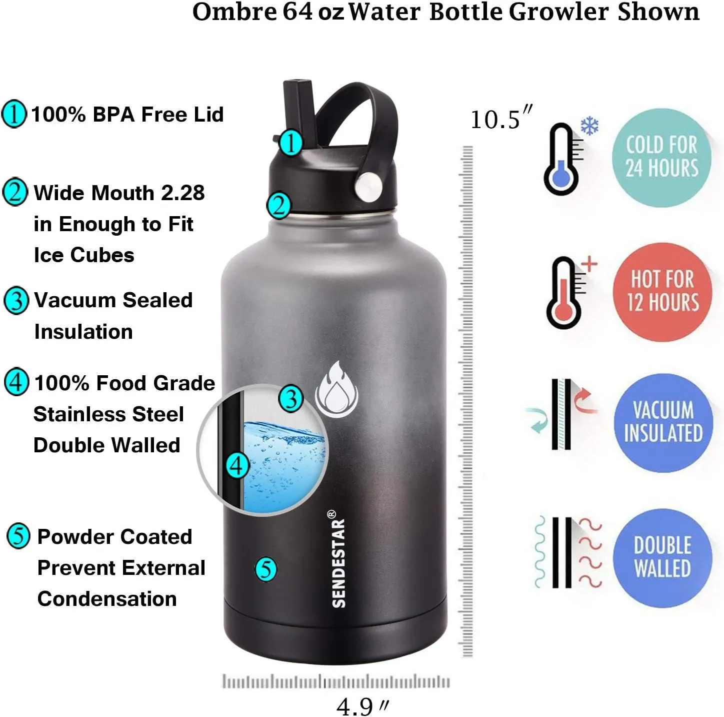 SENDESTAR Water Bottle 64oz Double Wall Vacuum Insulated Leak Proof Stainless Steel Sports Water Bottle—Wide Mouth with New Flex Straw Lid & Spout Lid (Gray&Black)