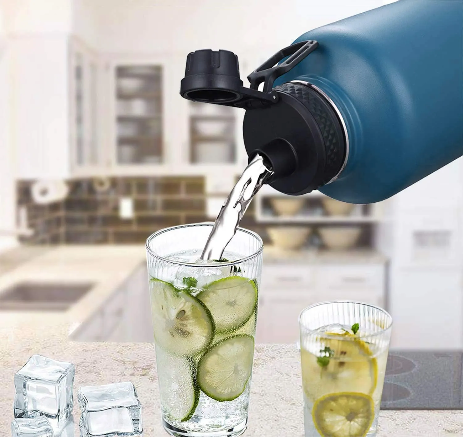 SENDESTAR Water Bottle 64oz Double Wall Vacuum Insulated Leak Proof Stainless Steel Sports Water Bottle—Wide Mouth with New Flex Straw Lid & Spout Lid (Gray&Black)