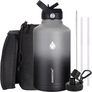 SENDESTAR Water Bottle 64oz Double Wall Vacuum Insulated Leak Proof Stainless Steel Sports Water Bottle—Wide Mouth with New Flex Straw Lid & Spout Lid (Gray&Black)