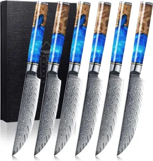 SENKEN Damascus Steak Knife Set - Tsunami Collection - 67-Layer Japanese VG10 Steel - Razor Sharp Non-Serrated Blades, Blue Resin & Natural Wood Pattern Handles, Luxury Gift Box (6 Steak Knife Set)