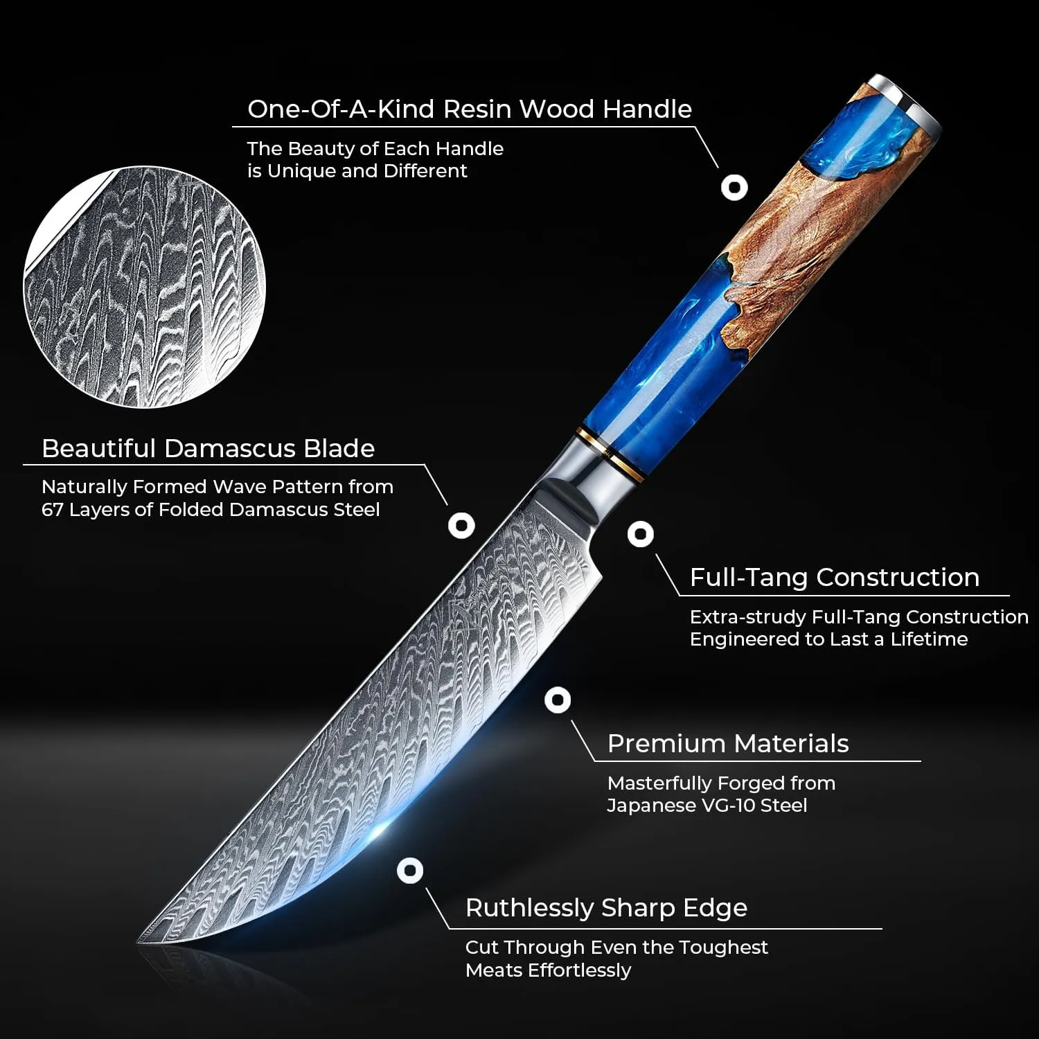 SENKEN Damascus Steak Knife Set - Tsunami Collection - 67-Layer Japanese VG10 Steel - Razor Sharp Non-Serrated Blades, Blue Resin & Natural Wood Pattern Handles, Luxury Gift Box (6 Steak Knife Set)