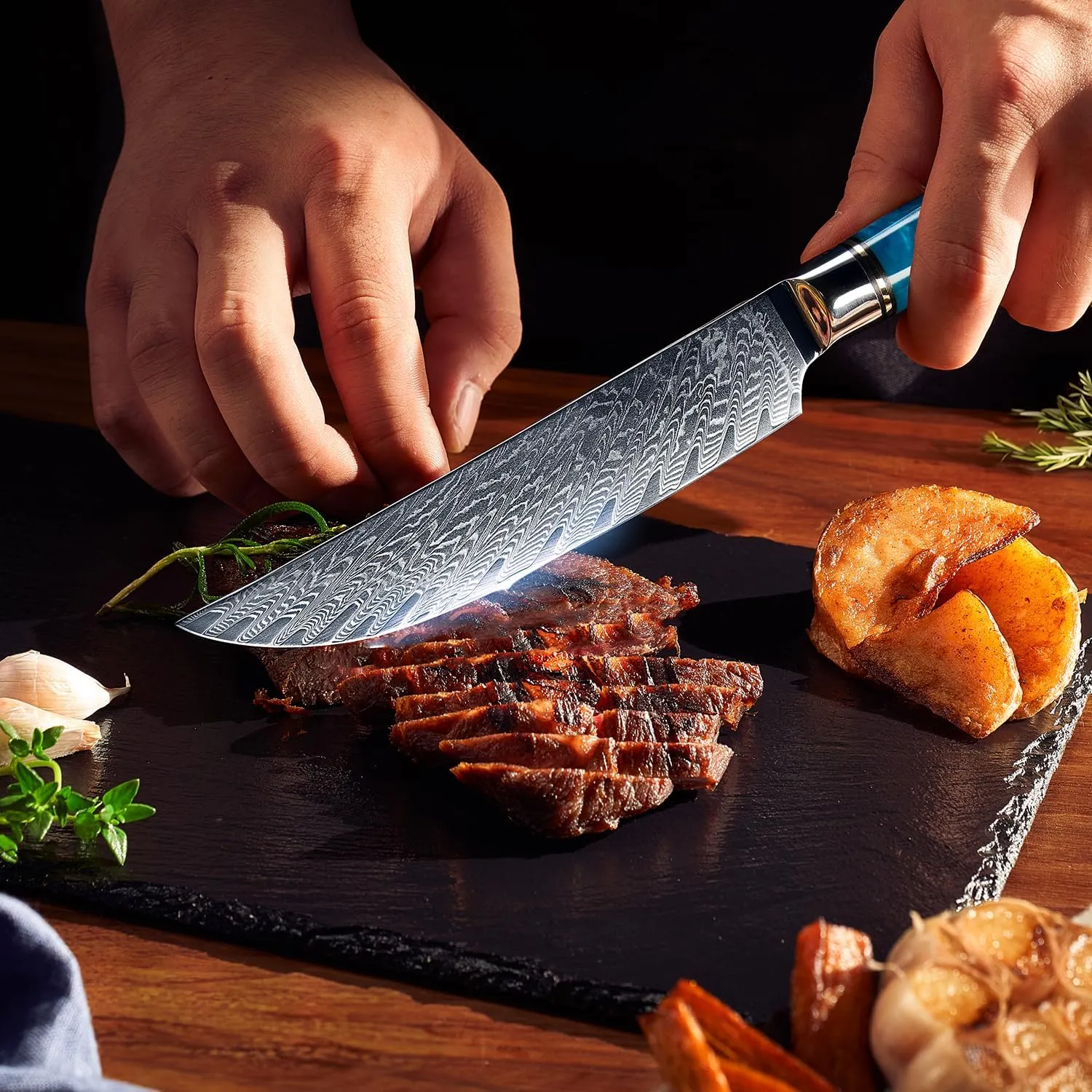 SENKEN Damascus Steak Knife Set - Tsunami Collection - 67-Layer Japanese VG10 Steel - Razor Sharp Non-Serrated Blades, Blue Resin & Natural Wood Pattern Handles, Luxury Gift Box (6 Steak Knife Set)