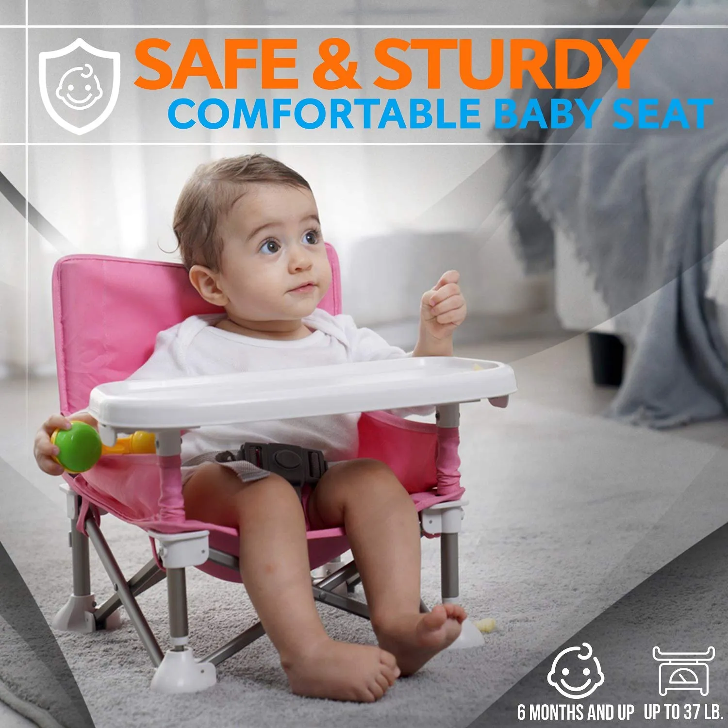 Serene Life Baby Seat Booster -Space Saver Toddler Booster Seat - Portable Pop and open Sit Folding Booster Feeding Chair - Safety Belt/Food Tray/Travel Bag - SereneLife