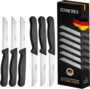 Serrated Paring Knife - Set of 6 Pcs Solingen Sharp Kitchen Knives Fruit Vegetable Tomato Small Kitchen Knife Set Stainless Steel Cutting & Peeling, Black