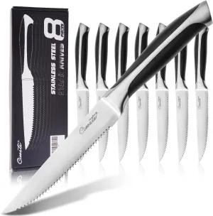 Serrated Steak Knives Set of 8, 5 Inch Stainless Steel Steak Knife Set with Ergonomic Handles, 8-Piece Sharp Knives for Weekly Family Dinners, Black