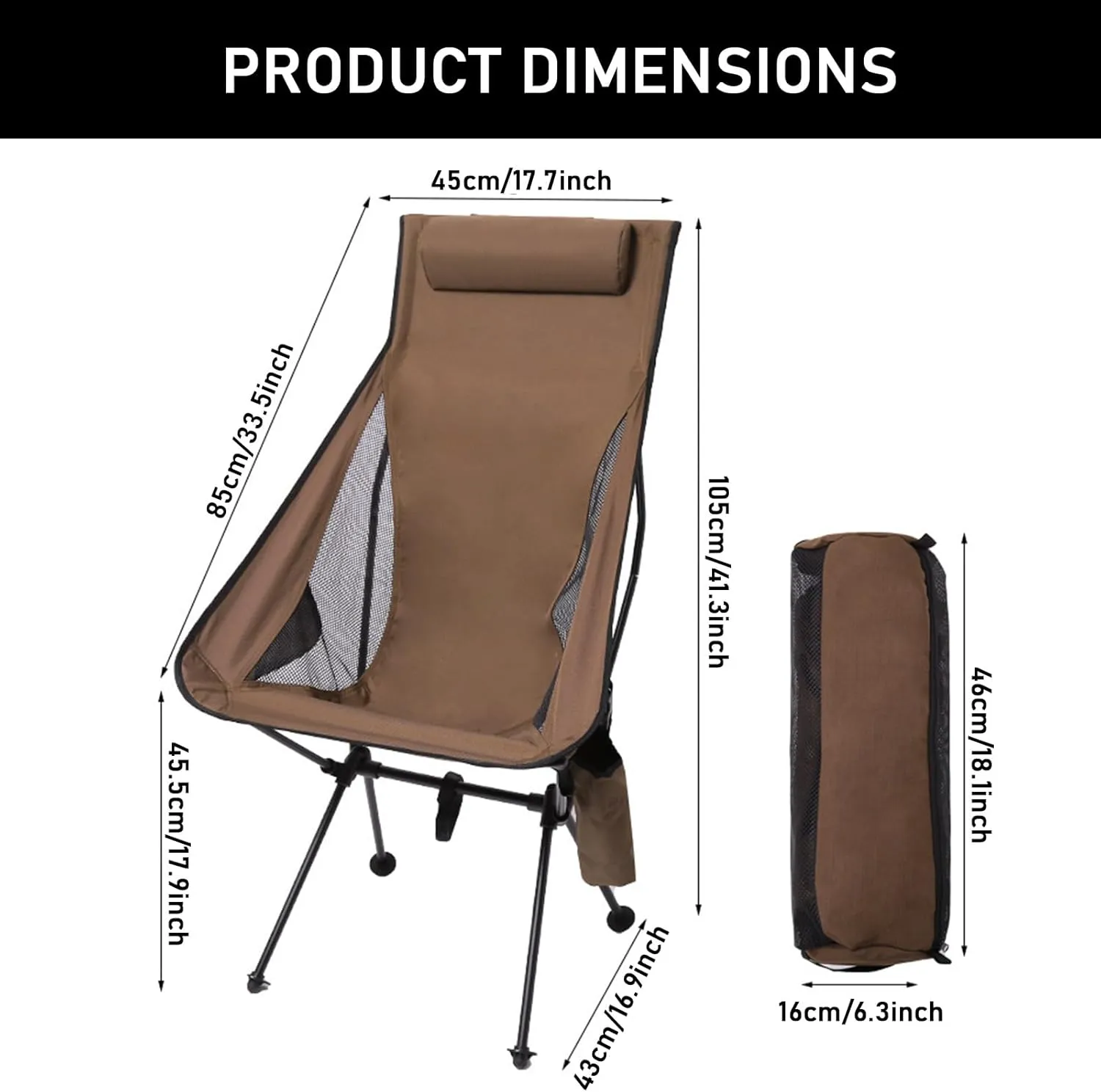 Set of 2 High Back Camping Chairs, Portable Lightweight Folding Chair with Headrest & Carry Bag, All Aluminum Structure, Outdoor Camp for Hiking, Beach, Garden,Brown