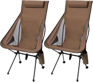 Set of 2 High Back Camping Chairs, Portable Lightweight Folding Chair with Headrest & Carry Bag, All Aluminum Structure, Outdoor Camp for Hiking, Beach, Garden,Brown