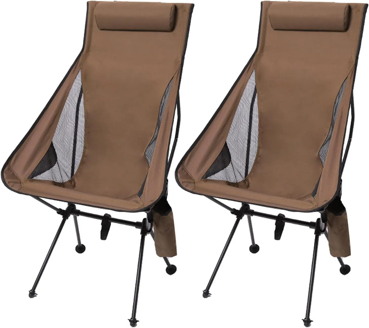 Set of 2 High Back Camping Chairs, Portable Lightweight Folding Chair with Headrest & Carry Bag, All Aluminum Structure, Outdoor Camp for Hiking, Beach, Garden,Brown