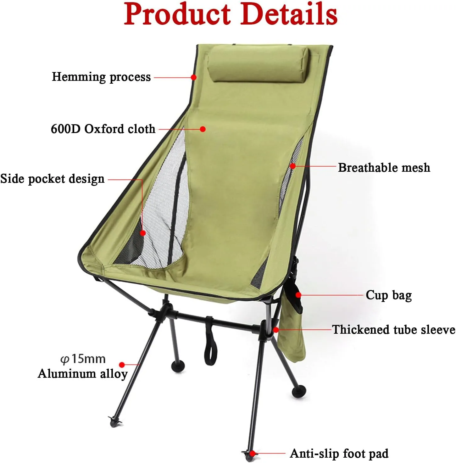 Set of 2 High Back Camping Chairs, Portable Lightweight Folding Chair with Headrest & Carry Bag, All Aluminum Structure, Outdoor Camp for Hiking, Beach, Garden,Brown