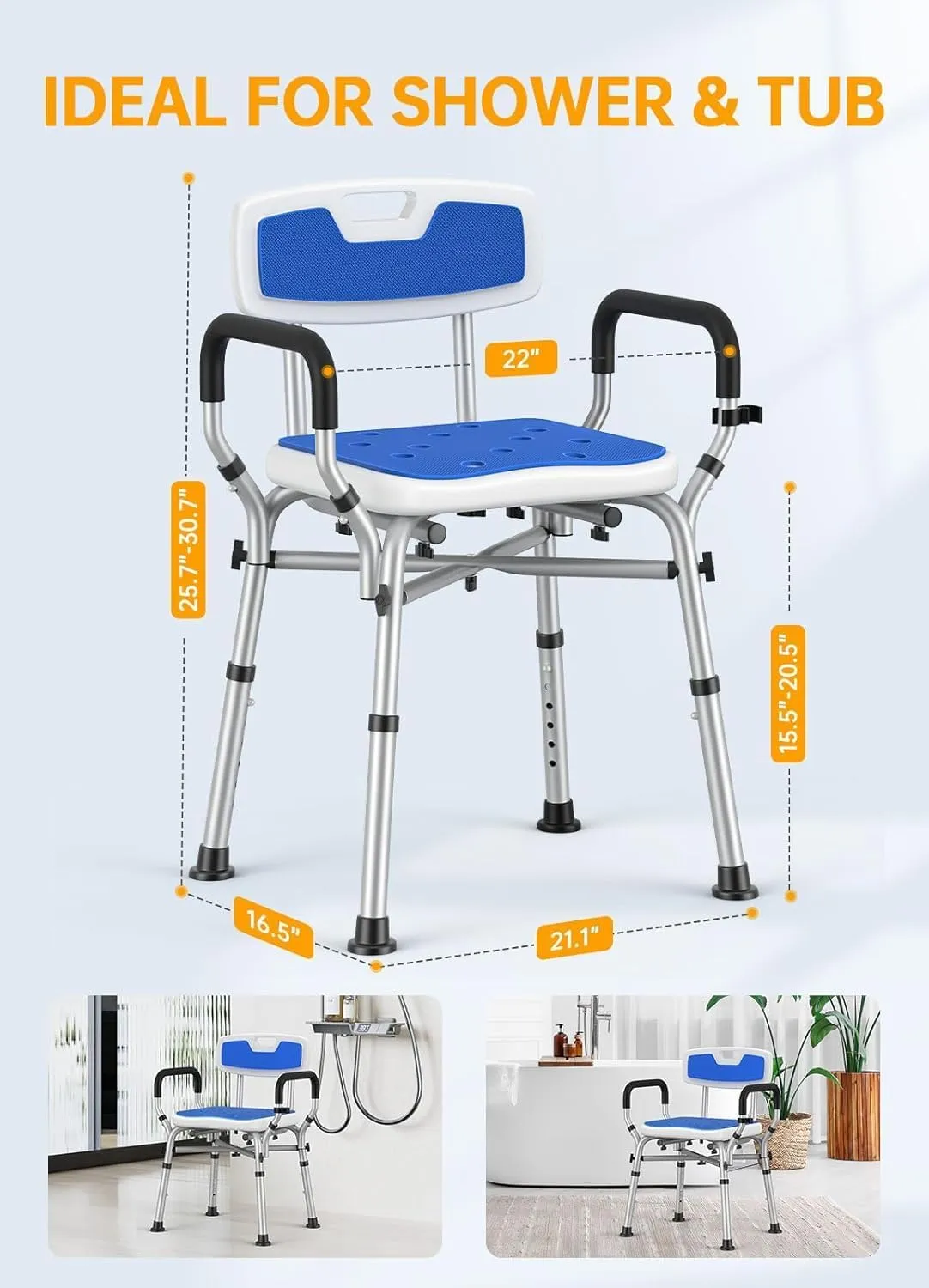 Shower Chair for Inside Shower with Padded Back&Armrests – FSA/HSA Eligible 550lbs Heavy Duty Bath Seat, Non-Slip Feet, 6-Height Adjustable Safety Shower Seat for Elderly and Disabled
