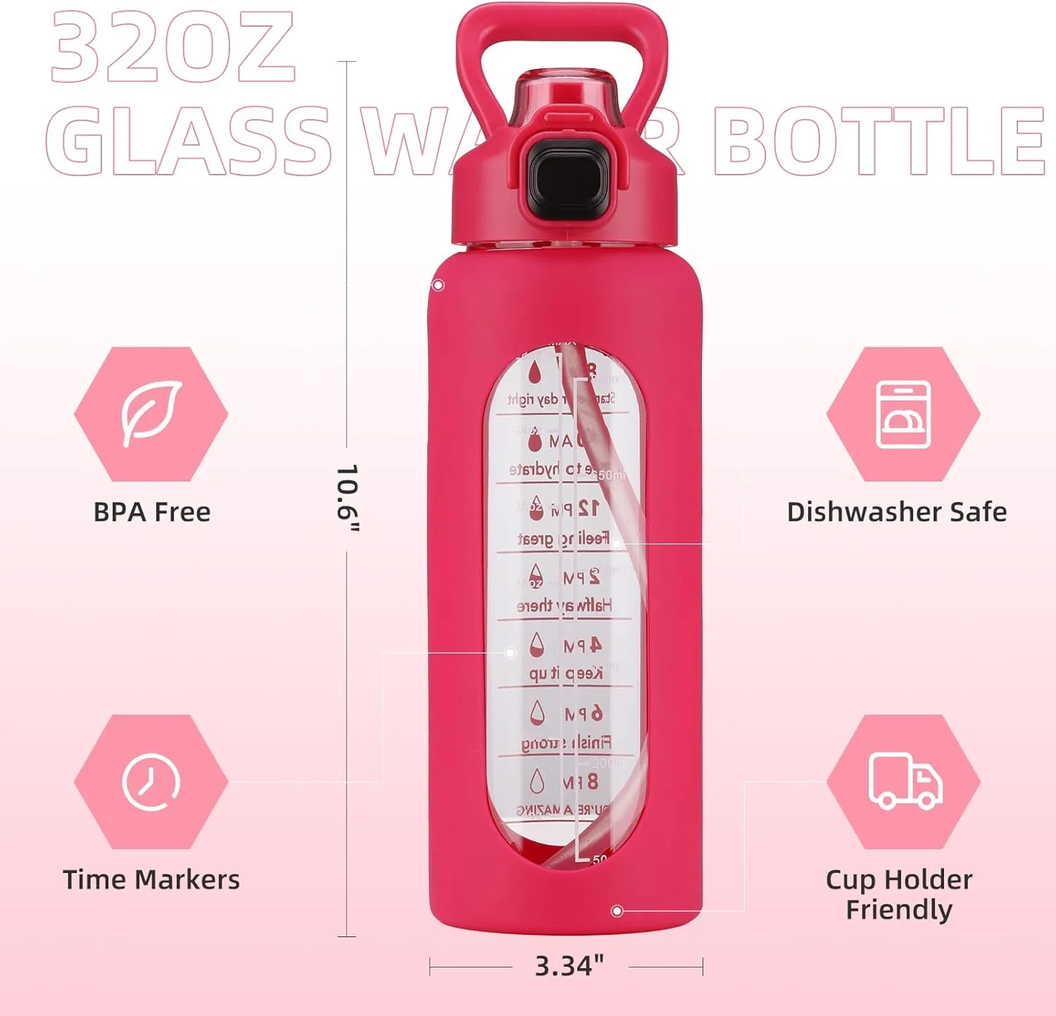 SIEROZUR 32 oz Glass Water Bottle with Straw and Handle, Leakproof Motivational Sports Glass Bottle with Time Marker, Water Jug with Silicone Sleeve for Gym, Travel, Workout, Rose Red