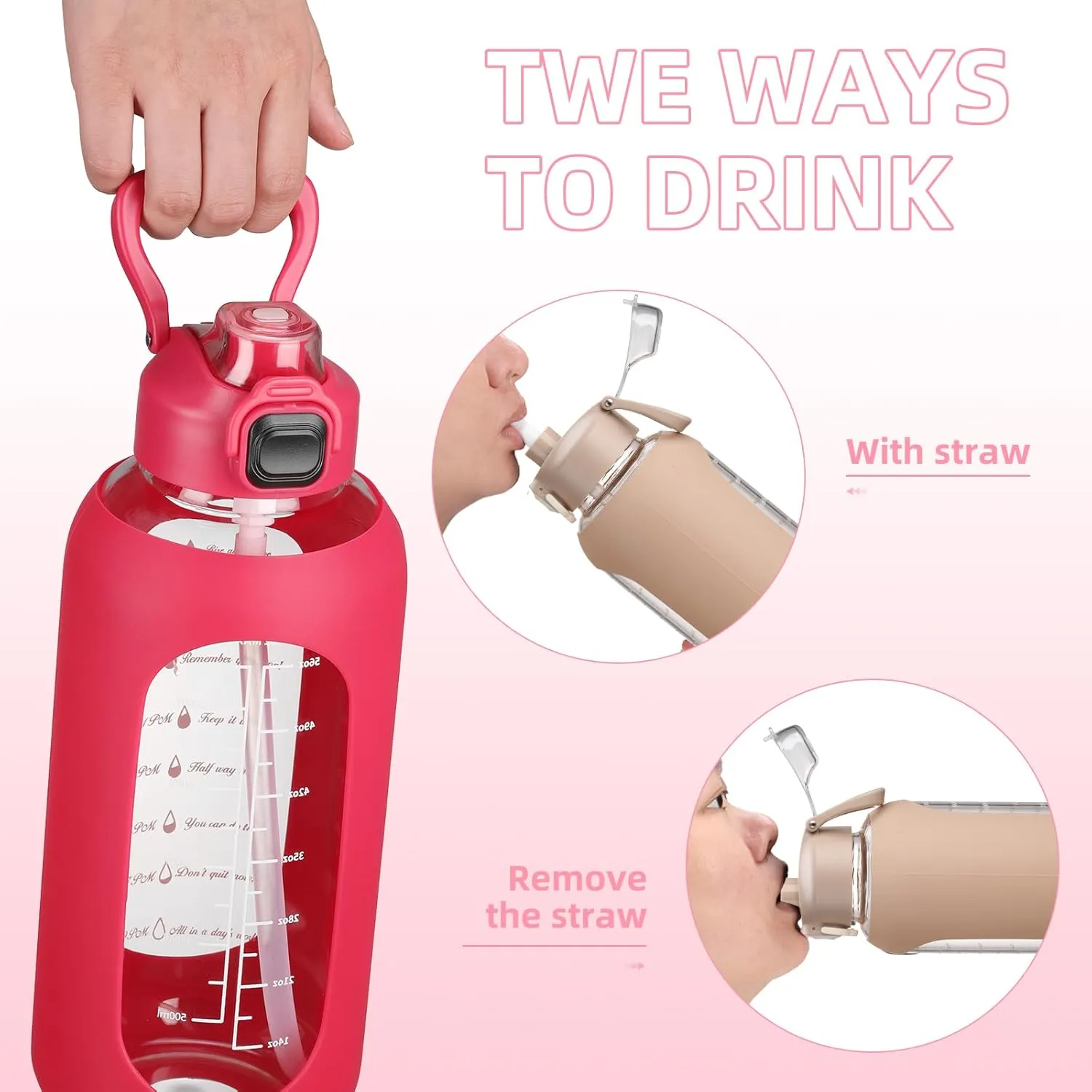 SIEROZUR 32 oz Glass Water Bottle with Straw and Handle, Leakproof Motivational Sports Glass Bottle with Time Marker, Water Jug with Silicone Sleeve for Gym, Travel, Workout, Rose Red