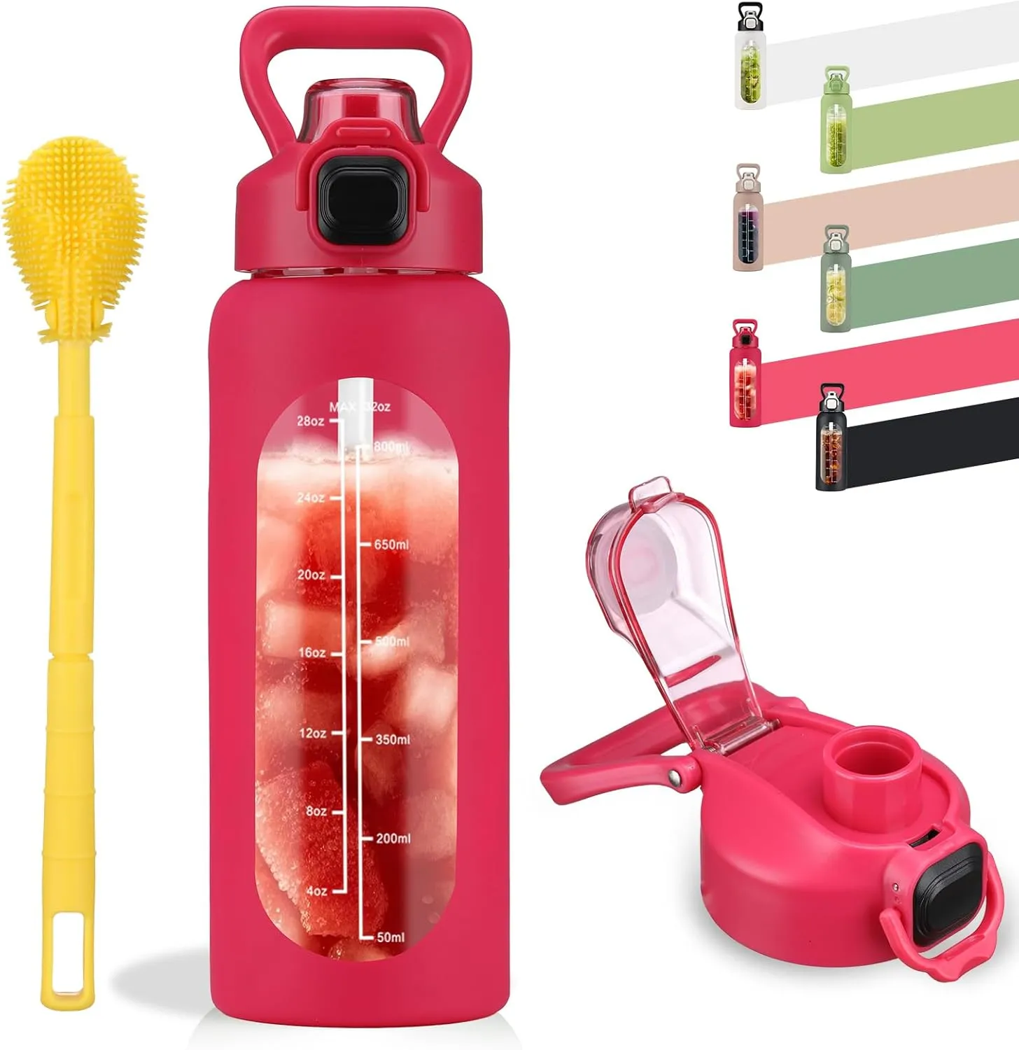 SIEROZUR 32 oz Glass Water Bottle with Straw and Handle, Leakproof Motivational Sports Glass Bottle with Time Marker, Water Jug with Silicone Sleeve for Gym, Travel, Workout, Rose Red