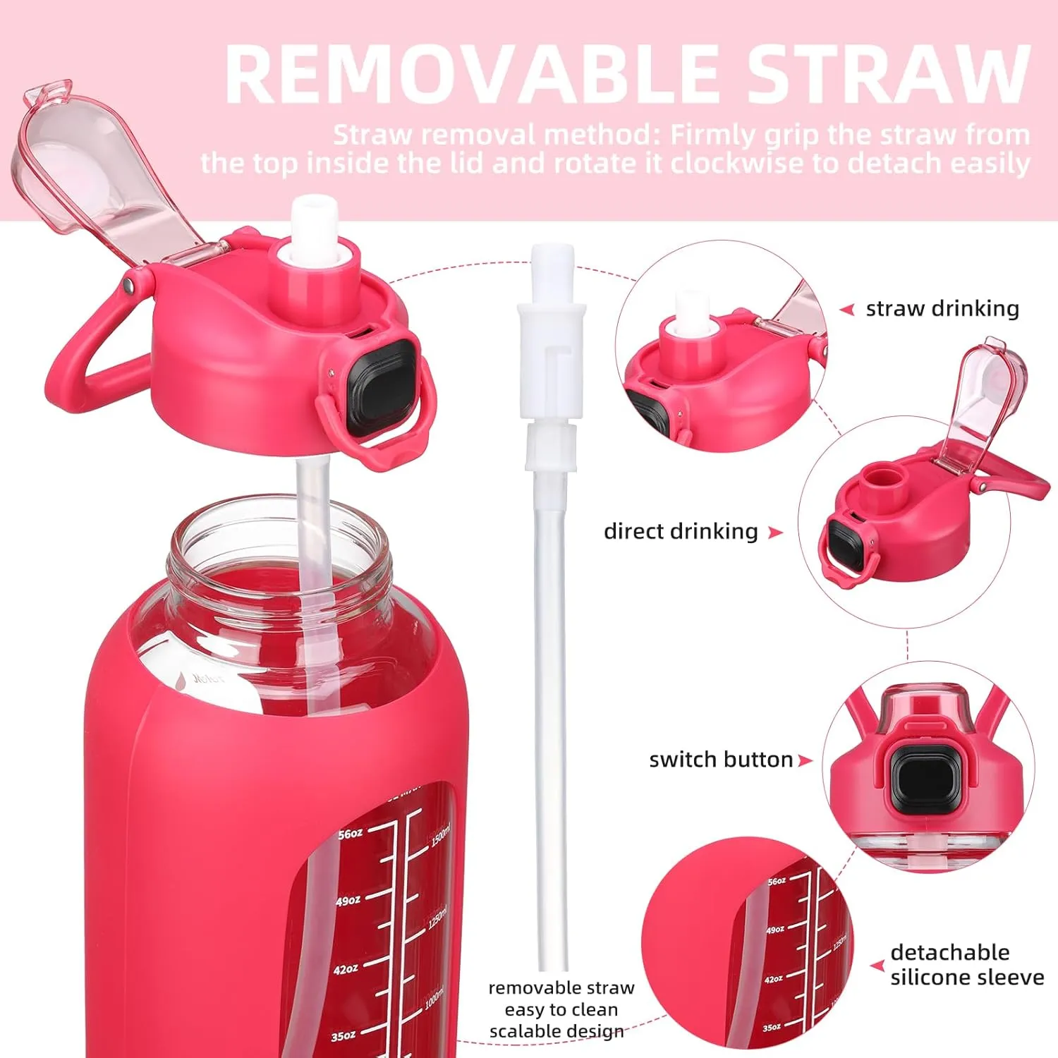SIEROZUR 32 oz Glass Water Bottle with Straw and Handle, Leakproof Motivational Sports Glass Bottle with Time Marker, Water Jug with Silicone Sleeve for Gym, Travel, Workout, Rose Red
