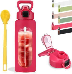 SIEROZUR 32 oz Glass Water Bottle with Straw and Handle, Leakproof Motivational Sports Glass Bottle with Time Marker, Water Jug with Silicone Sleeve for Gym, Travel, Workout, Rose Red