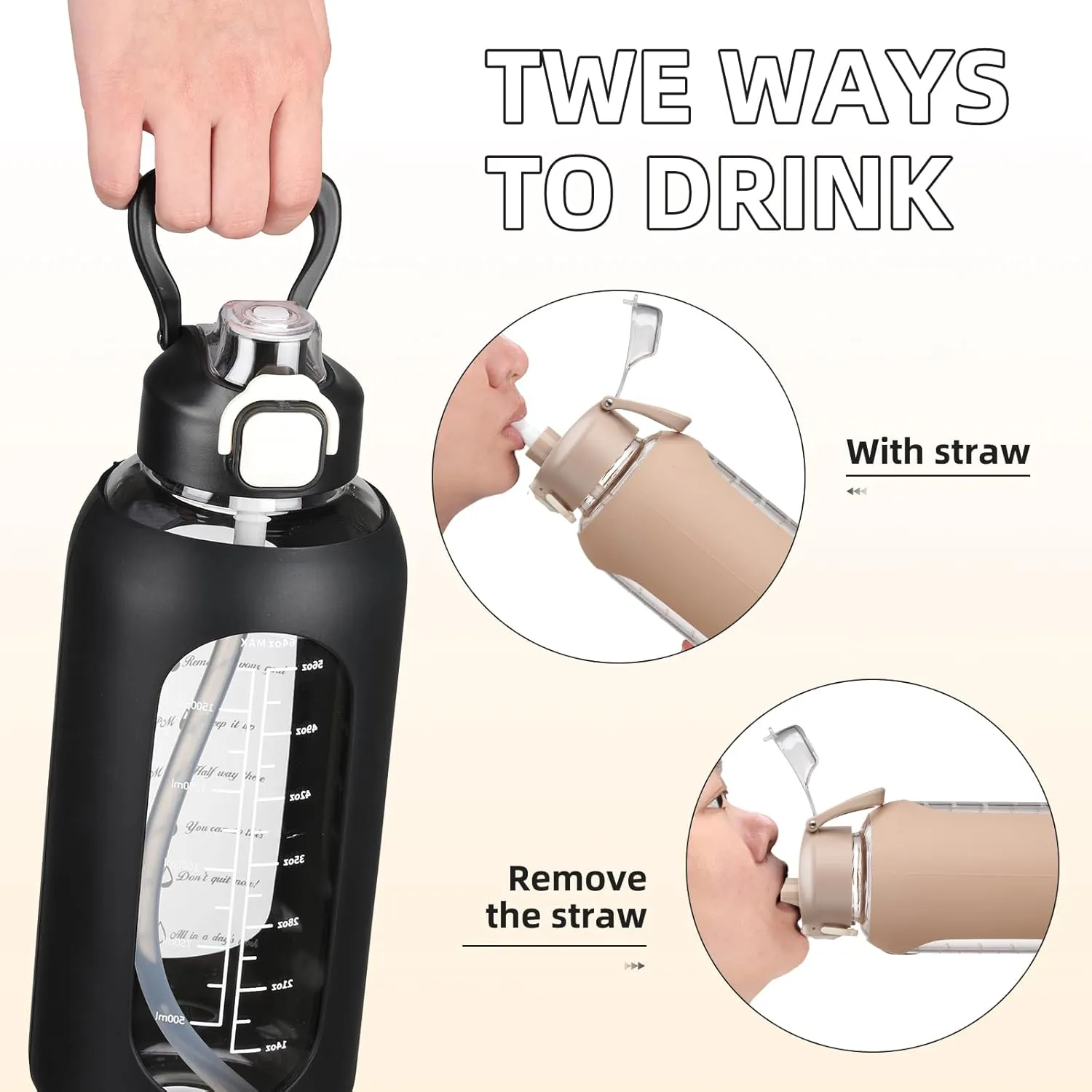 SIEROZUR 32 oz Glass Water Bottle with Straw and Handle, Leakproof Sports Glass Bottle with Time Marker,Water Jug with Silicone Sleeve for Gym, Travel, Workout, Black