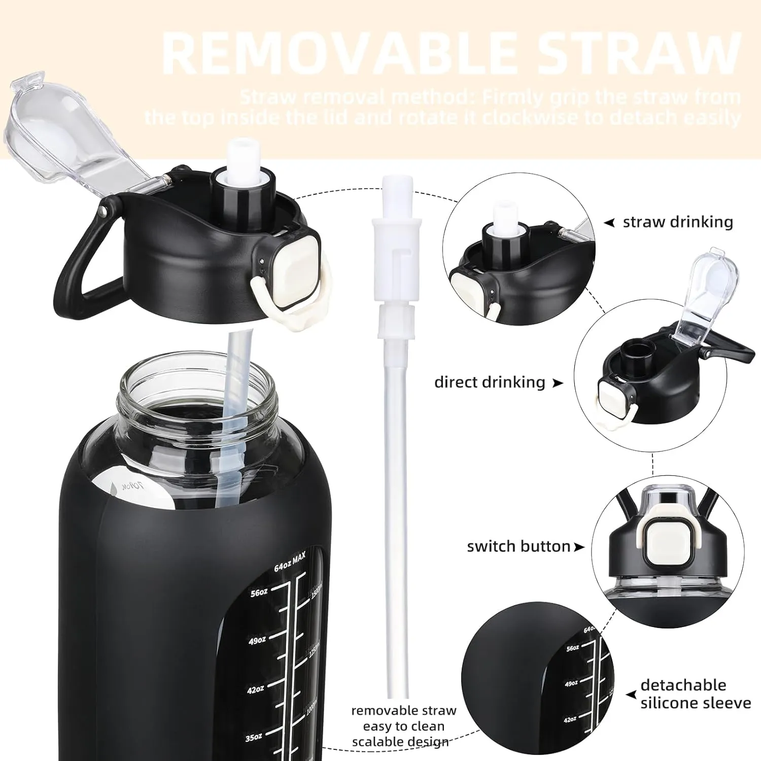 SIEROZUR 32 oz Glass Water Bottle with Straw and Handle, Leakproof Sports Glass Bottle with Time Marker,Water Jug with Silicone Sleeve for Gym, Travel, Workout, Black