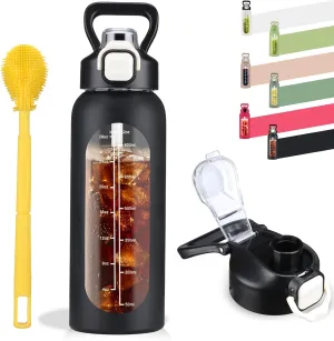 SIEROZUR 32 oz Glass Water Bottle with Straw and Handle, Leakproof Sports Glass Bottle with Time Marker,Water Jug with Silicone Sleeve for Gym, Travel, Workout, Black