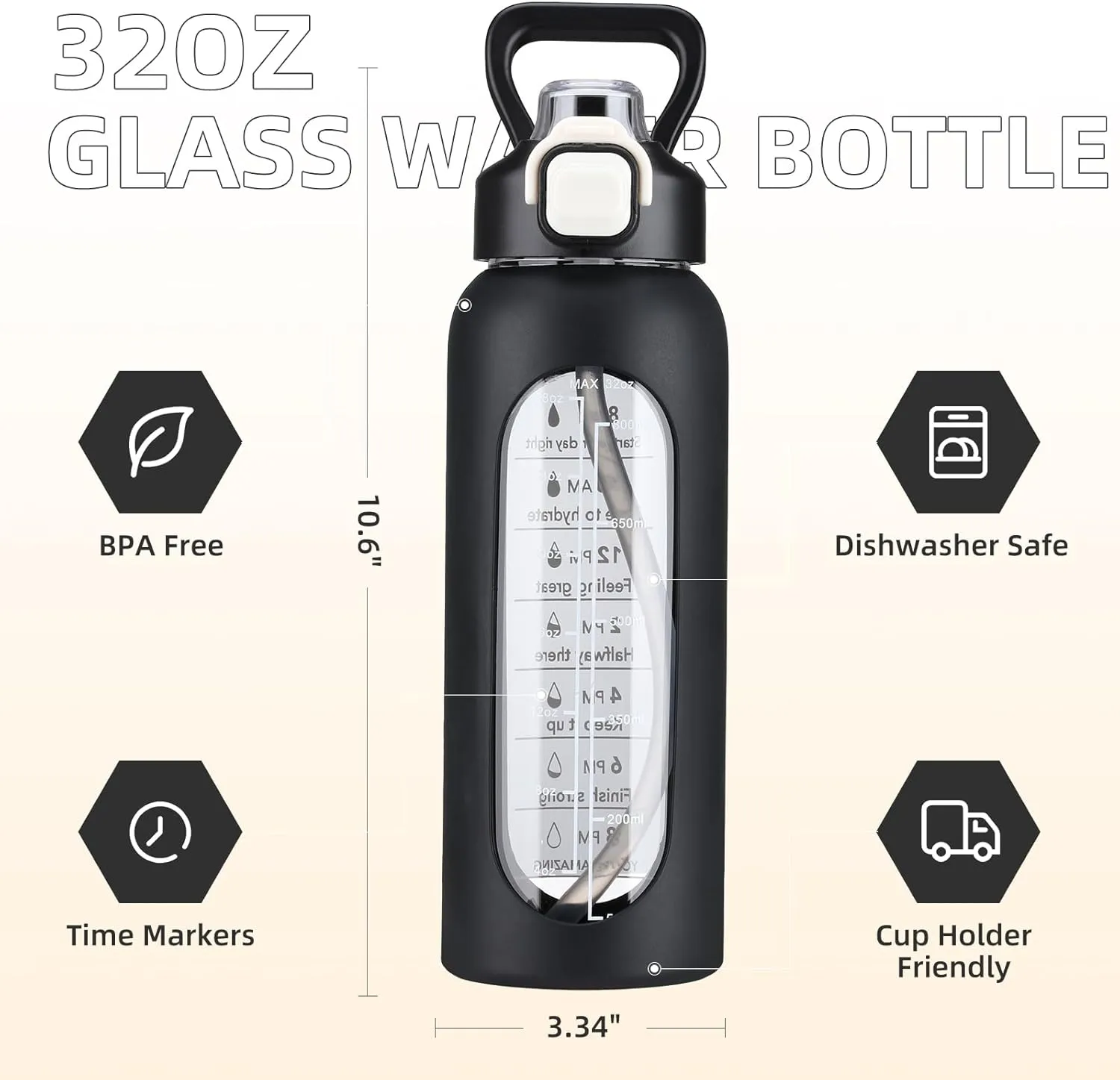 SIEROZUR 32 oz Glass Water Bottle with Straw and Handle, Leakproof Sports Glass Bottle with Time Marker,Water Jug with Silicone Sleeve for Gym, Travel, Workout, Black