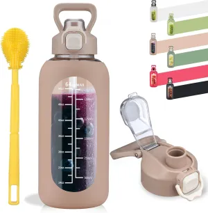 SIEROZUR 64 oz Glass Water Bottle with Straw and Handle, Half Gallon Sports Large Water Bottle with Time Marker and Silicone Sleeve, Leakproof Glass Drinking Bottle for Gym, Travel, Workout, Amber