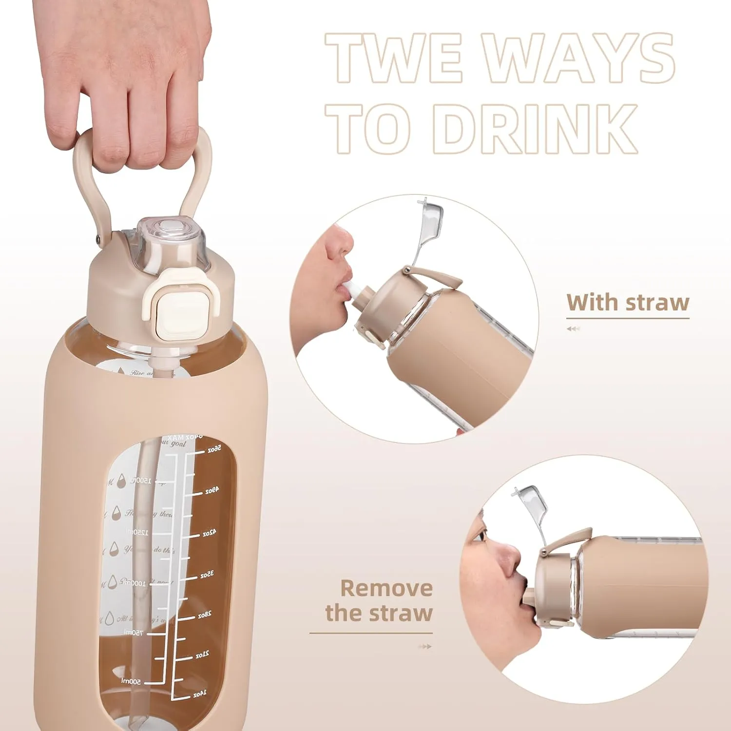 SIEROZUR 64 oz Glass Water Bottle with Straw and Handle, Half Gallon Sports Large Water Bottle with Time Marker and Silicone Sleeve, Leakproof Glass Drinking Bottle for Gym, Travel, Workout, Amber