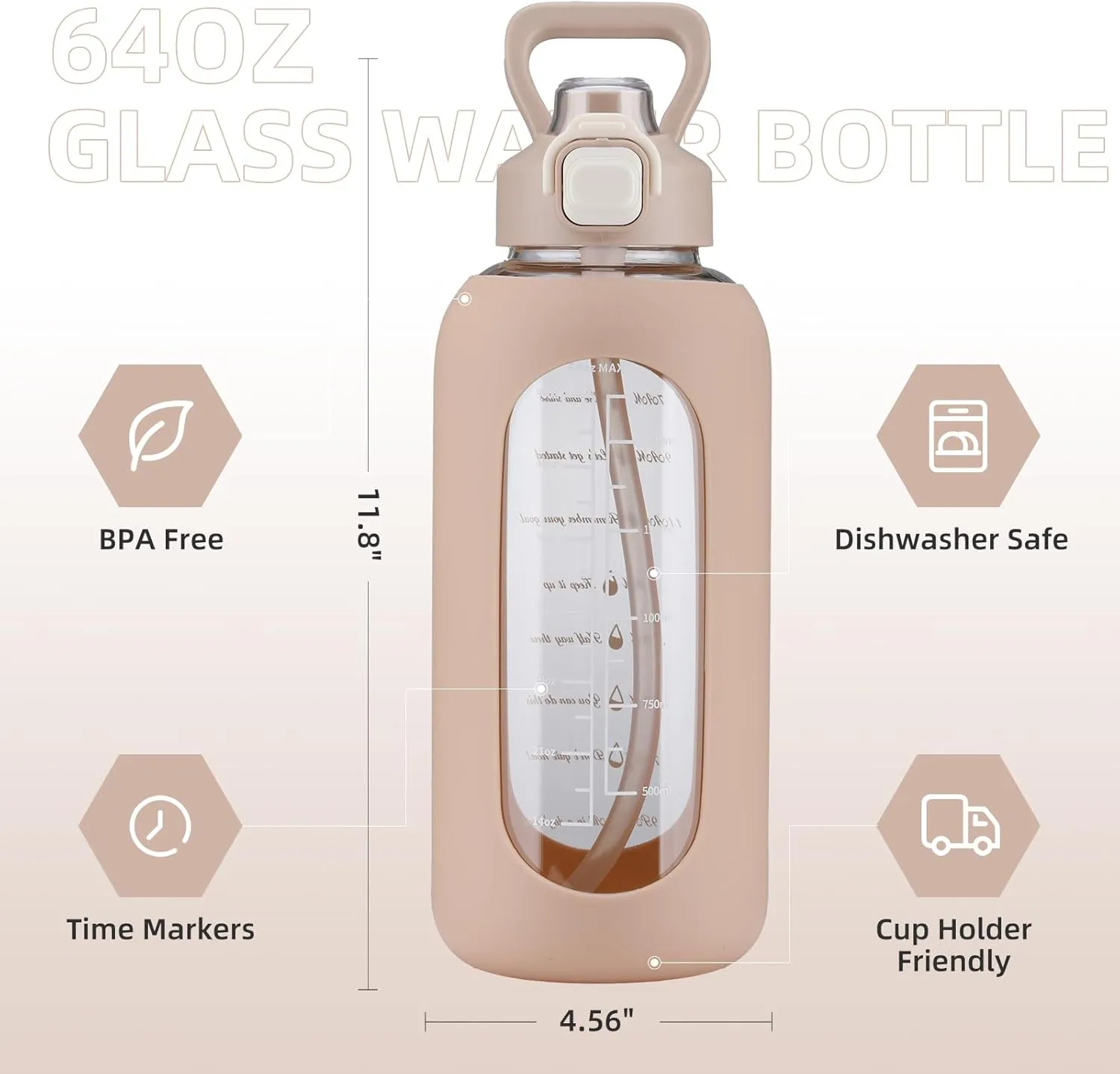 SIEROZUR 64 oz Glass Water Bottle with Straw and Handle, Half Gallon Sports Large Water Bottle with Time Marker and Silicone Sleeve, Leakproof Glass Drinking Bottle for Gym, Travel, Workout, Amber