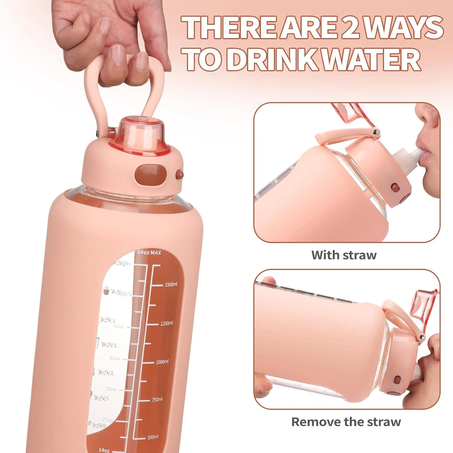SIEROZUR 64 oz Glass Water Bottle with Straw and Handle Large Sports Motivational Bottle Flask with Time Marker Leakproof Jug with Silicone Sleeve for Gym