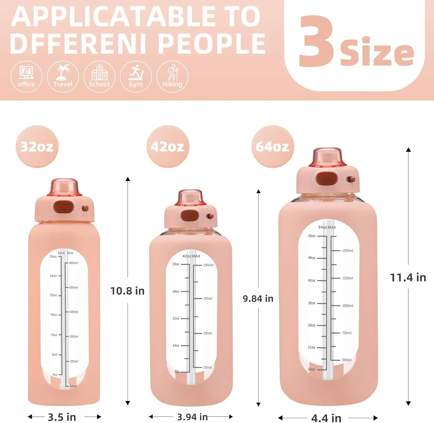 SIEROZUR 64 oz Glass Water Bottle with Straw and Handle Large Sports Motivational Bottle Flask with Time Marker Leakproof Jug with Silicone Sleeve for Gym