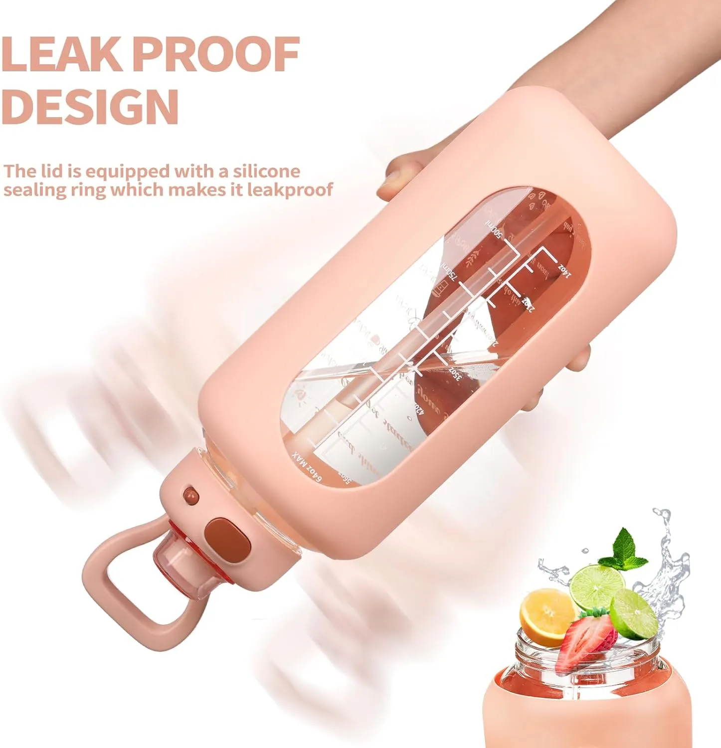 SIEROZUR 64 oz Glass Water Bottle with Straw and Handle Large Sports Motivational Bottle Flask with Time Marker Leakproof Jug with Silicone Sleeve for Gym