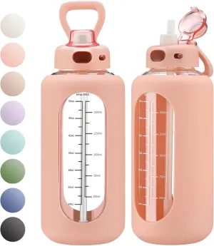 SIEROZUR 64 oz Glass Water Bottle with Straw and Handle Large Sports Motivational Bottle Flask with Time Marker Leakproof Jug with Silicone Sleeve for Gym
