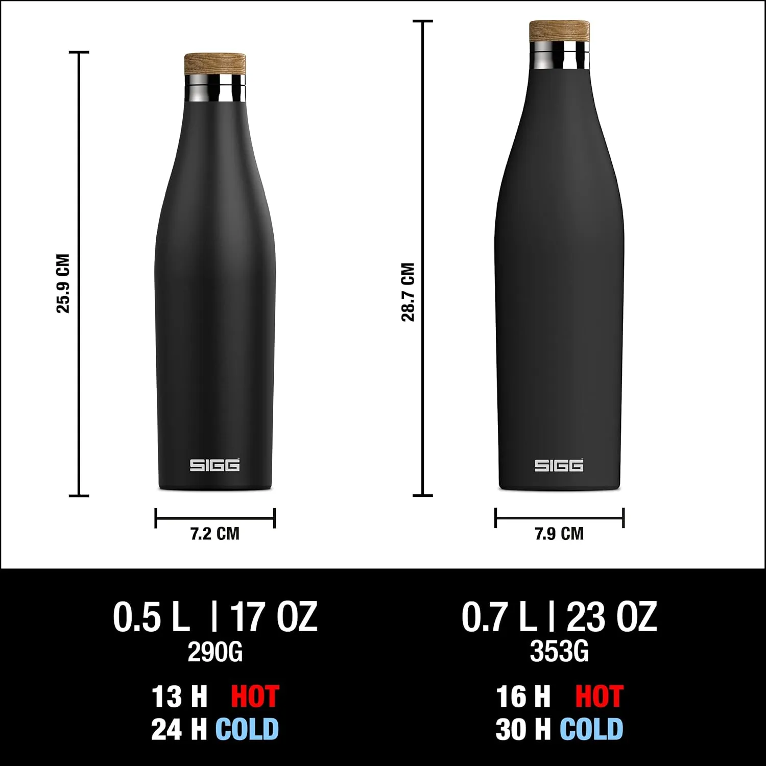 SIGG - Insulated Water Bottle - Meridian Black - Leakproof & Extra-Slim - BPA Free - Plastic Free - 18/8 Stainless Steel - Double Walled - Bamboo Screw Top - Black - 24 Oz