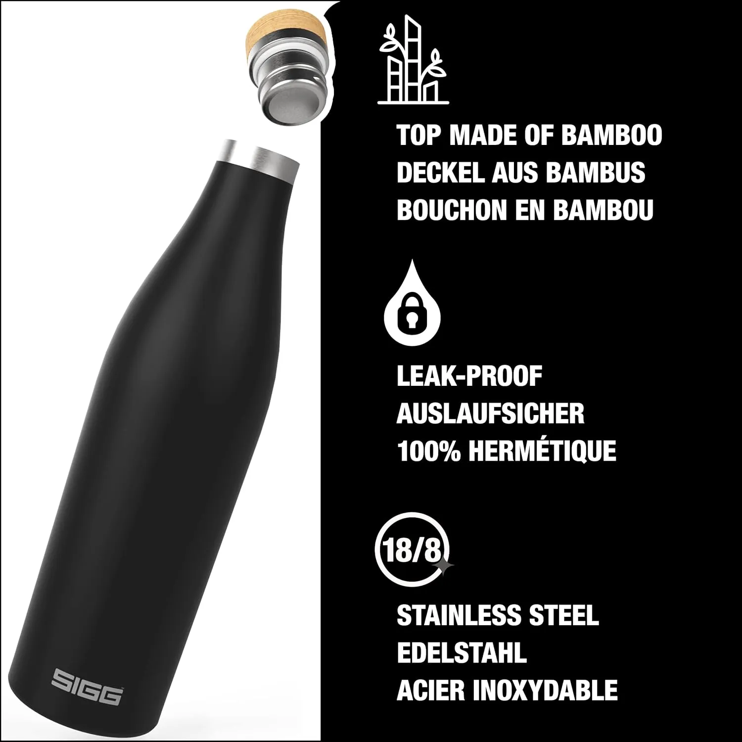 SIGG - Insulated Water Bottle - Meridian Black - Leakproof & Extra-Slim - BPA Free - Plastic Free - 18/8 Stainless Steel - Double Walled - Bamboo Screw Top - Black - 24 Oz